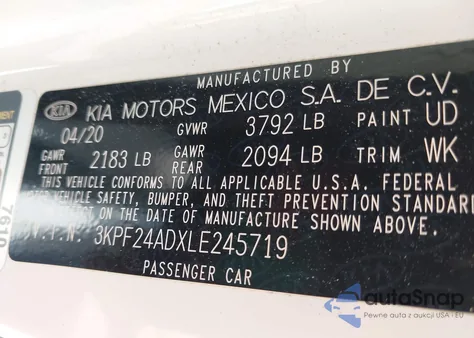 2020 Kia Forte Lxs из США, поврежденный, VIN 3KPF24ADXLE245719